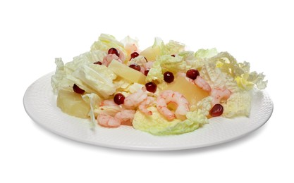 Delicious salad with Chinese cabbage, shrimps and pineapple isolated on white