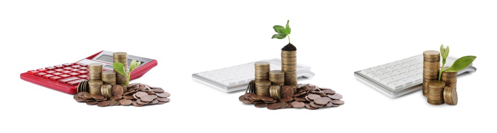Set with stacks of coins, growing plants and calculators on white background, banner design. Successful investment