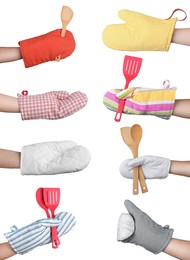 Closeup view of chefs in oven gloves holding utensils, collage 