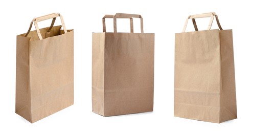 Set with kraft paper bags on white background. Banner design