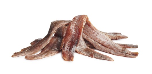 Photo of Heap of delicious anchovy fillets on white background