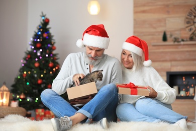 Happy couple with cute cat and gift box near Christmas tree at home