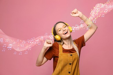 Image of Beautiful happy woman listening to music on pink background. Music notes illustrations flowing from headphones