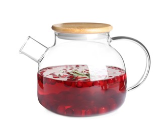 Tasty hot cranberry tea with rosemary in glass teapot isolated on white