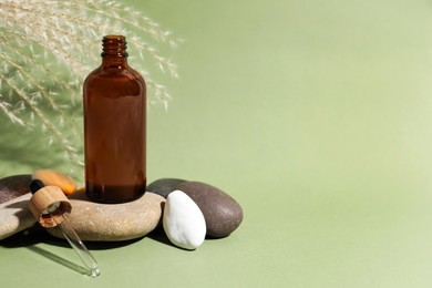 Composition with bottle of face serum, spa stones and beautiful dried flowers on light green background. Space for text