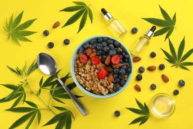 CBD oil, THC tincture, oatmeal bowl and hemp leaves on yellow background, flat lay