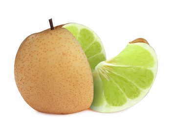 Image of Genetically modified apple pear with lime on white background