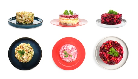Set of traditional russian salads on white background