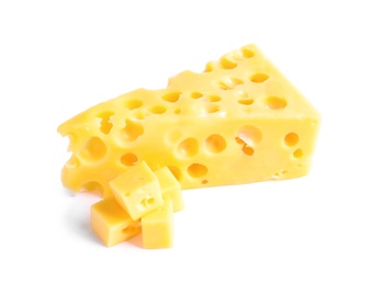 Photo of Pieces of cheese with holes on white background