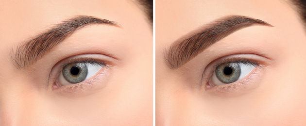 Woman before and after eyebrow correction, closeup. Banner design