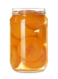 Jar of pickled apricots isolated on white