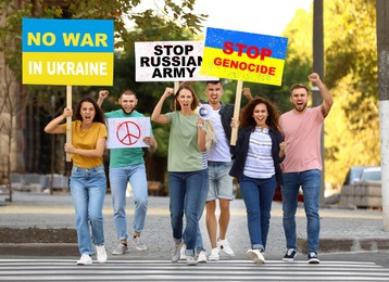 Stop war in Ukraine. Protesting people with placards outdoors