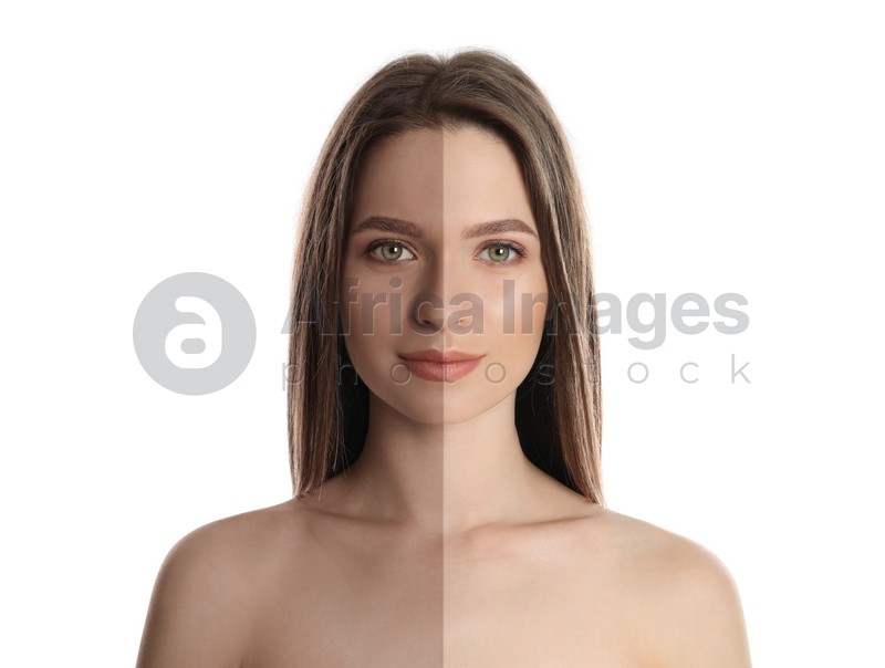 Collage with photos of beautiful young woman before and after indoor tanning on white background