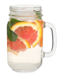 Delicious refreshing drink with sicilian orange, fresh mint and ice cubes in mason jar isolated on white