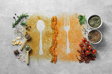Photo of Different spices and silhouettes of cutlery on light grey table, flat lay