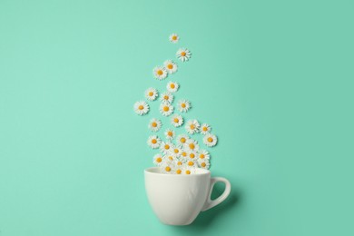 Flat lay composition with daisy flowers and ceramic cup on turquoise background