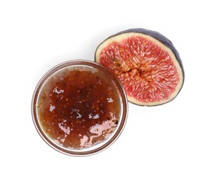 Photo of Glass bowl of tasty sweet fig jam isolated on white, top view
