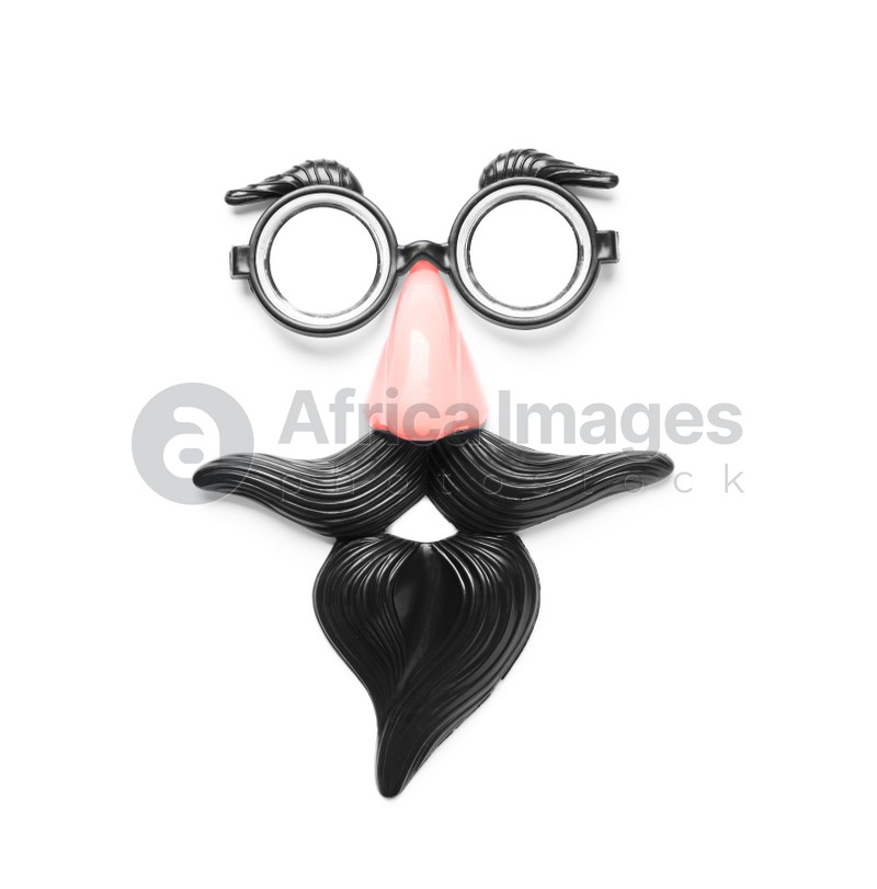 Funny face made with clown's accessories on white background, top view