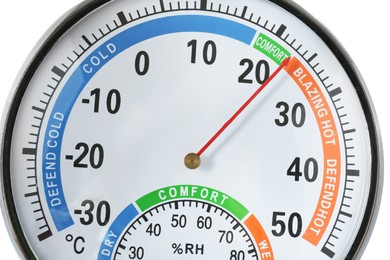 Round mechanical hygrometer on white background, closeup. Meteorological tool