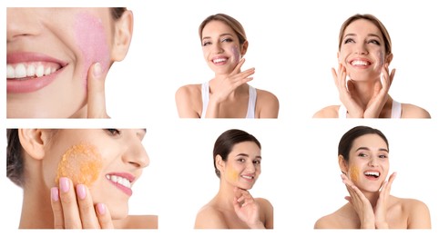 Collage with photos of young women applying body scrubs on white background