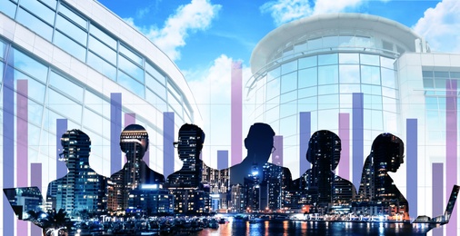 Image of Forex trading. Double exposure of business people and night city