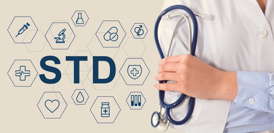 STD prevention. Closeup view of doctor with stethoscope, abbreviation and different icons on light background, banner design