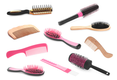 Set with different hair brushes and combs on white background