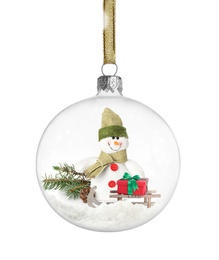 Beautiful Christmas glass ball with cute snowman toy, fir tree and gift isolated on white