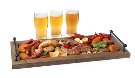 Set of different tasty snacks and beer on white background