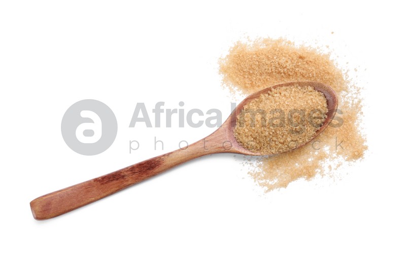 Wooden spoon and brown sugar on white background, top view