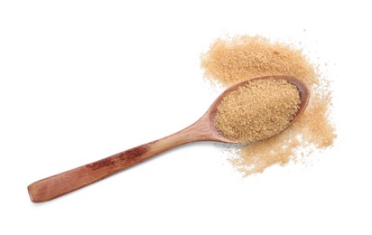 Wooden spoon and brown sugar on white background, top view