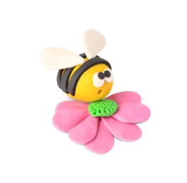 Photo of Bee with flower made from plasticine on white background. Children's handmade ideas