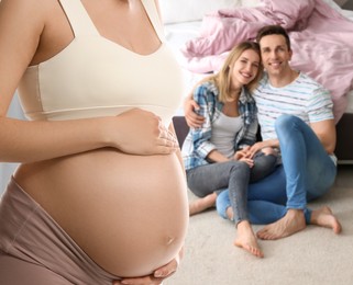Surrogacy concept. Young pregnant woman and blurred view of happy couple indoors