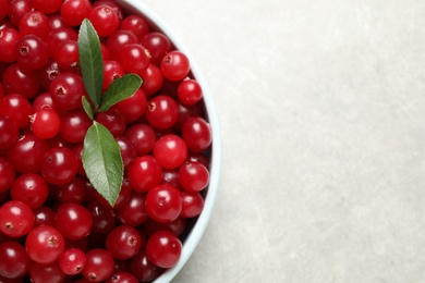 Tasty ripe cranberries on light grey table, top view. Space for text