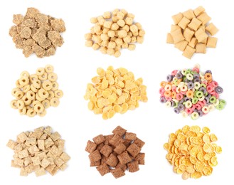 Set with different tasty breakfast cereals on white background, top view