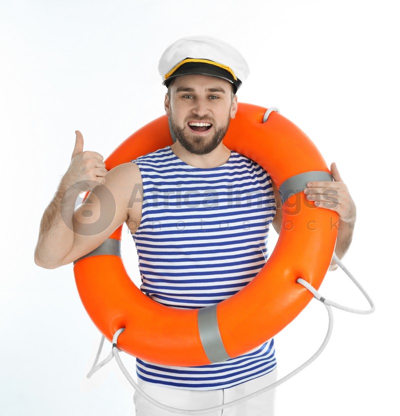 Photo of Happy sailor with ring buoy on white background