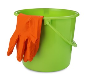 Green bucket with gloves for cleaning isolated on white