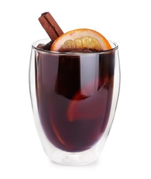 Aromatic mulled wine in glass isolated on white