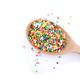 Colorful sprinkles in spoon on white background. Confectionery decor