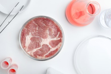 Sample of cultured meat on white lab table, flat lay