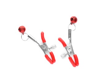 Nipple clamps on white background, top view. Sex toy