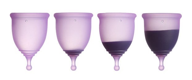 Purple menstrual cups on white background, collage. Banner design