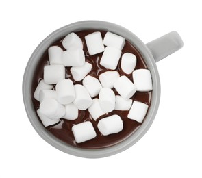 Photo of Cup of delicious hot chocolate with marshmallows on white background, top view