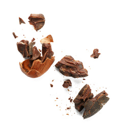 Broken cocoa bean on white background, top view