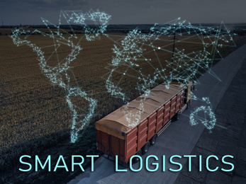 Smart logistics concept. Truck on country road and world map