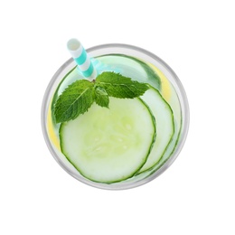 Refreshing drink with cucumber, lemon and mint isolated on white