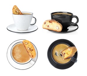 Set with tasty cantucci and cups of aromatic coffee on white background. Traditional Italian almond biscuits