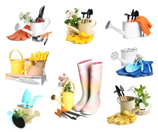 Image of Set with watering cans and different gardening tools on white background