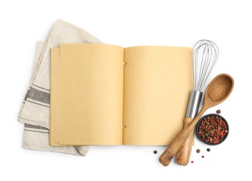 Blank recipe book, spices, napkin and kitchen utensils on white background, top view. Space for text