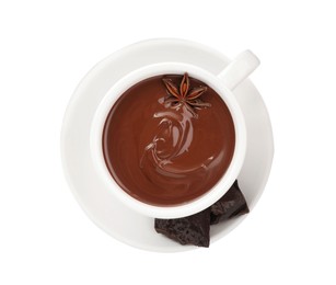 Photo of Cups of delicious hot chocolate with anise star on white background, top view
